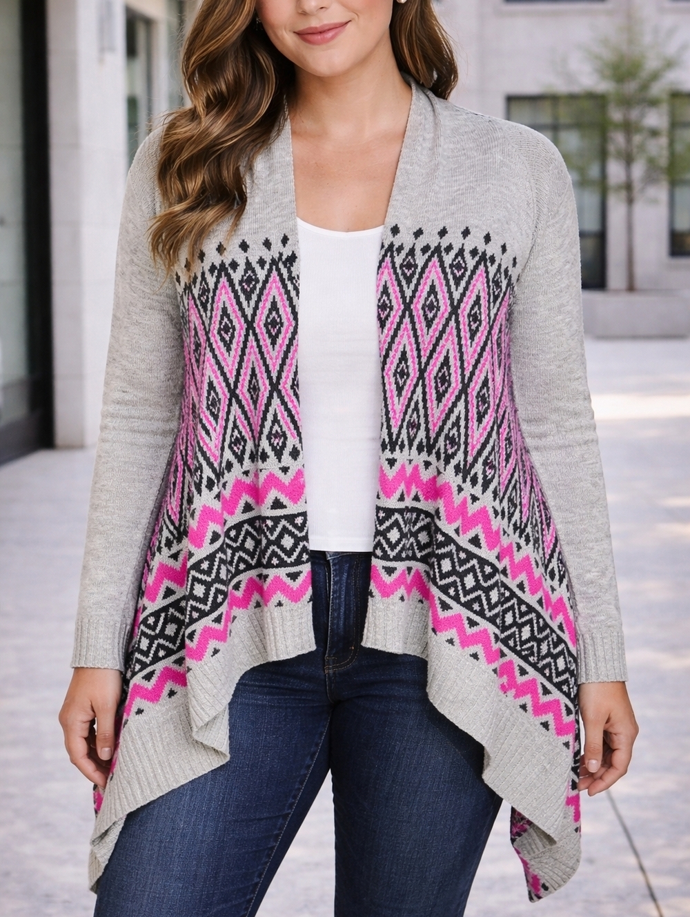 Oh MG! Beige Cardigan with Black and Pink Accents, Women's Size XL